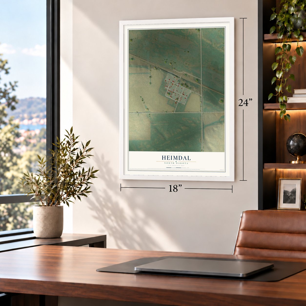 Heimdal, North Dakota map, 18 x 24 inch print in a white frame in a home office