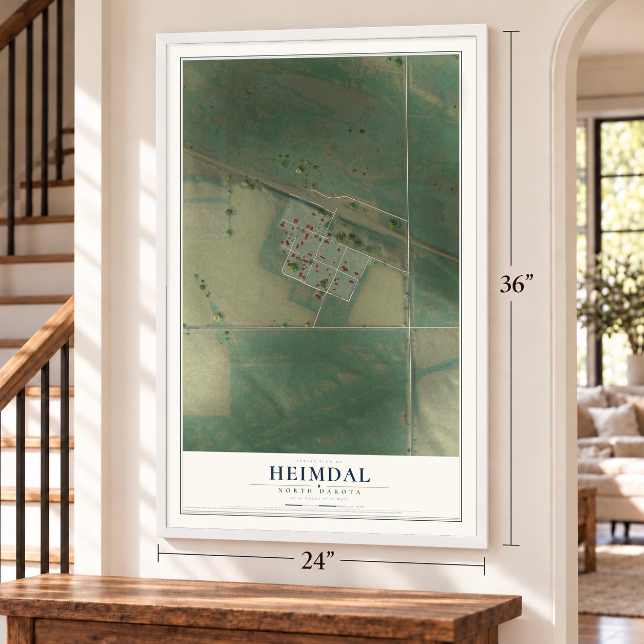 Heimdal, North Dakota map, 24 x 36 inch print in a white frame by a staircase