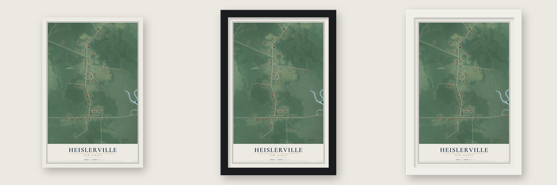 Heislerville, New Jersey map unframed, in a black wood frame and in a white wood frame