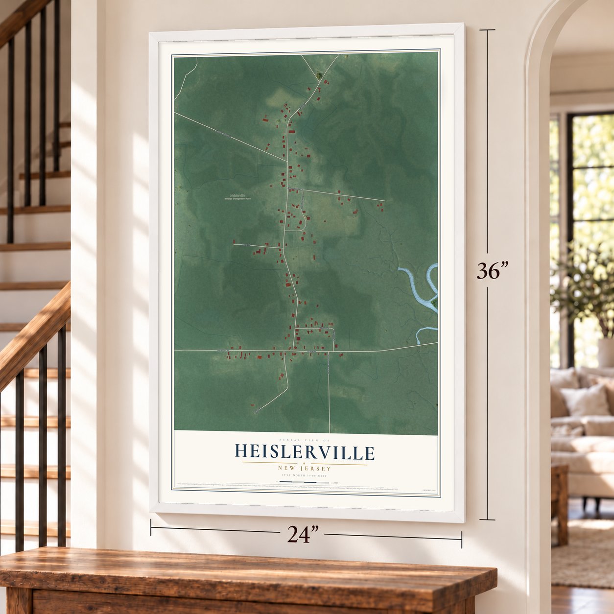Heislerville, New Jersey map, 24 x 36 inch print in a white frame by a staircase