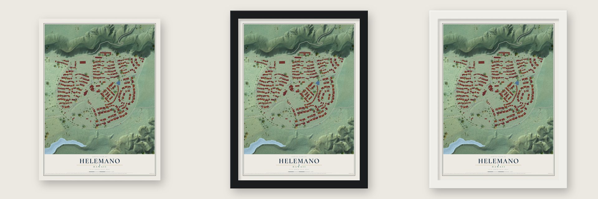 Helemano, Hawaii map unframed, in a black wood frame and in a white wood frame