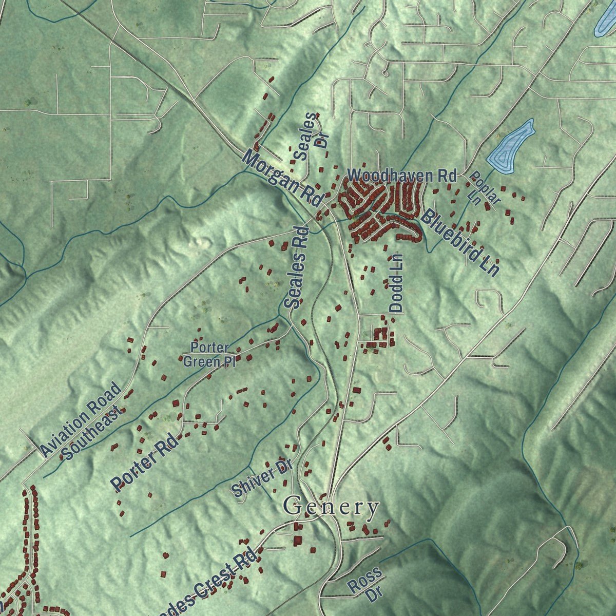 Second close-up of the map of Helena, Alabama print showing more streets and buildings