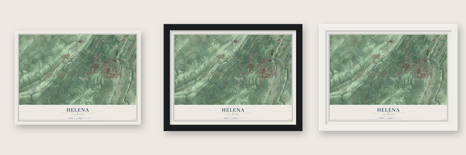 Helena, Alabama map unframed, in a black wood frame and in a white wood frame