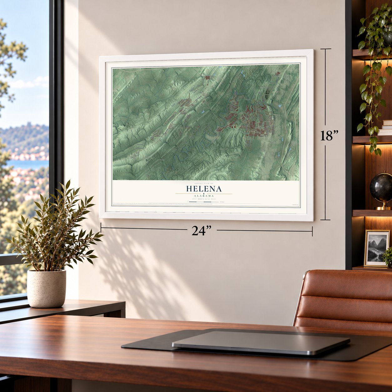 Helena, Alabama map, 18 x 24 inch print in a white frame in a home office