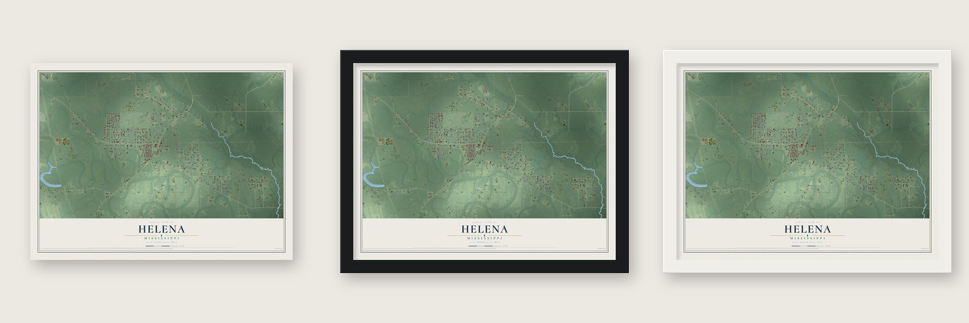 Helena, Mississippi map unframed, in a black wood frame and in a white wood frame