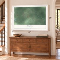 Helena, Mississippi map, 24 x 36 inch print in a white frame above a dresser by a staircase