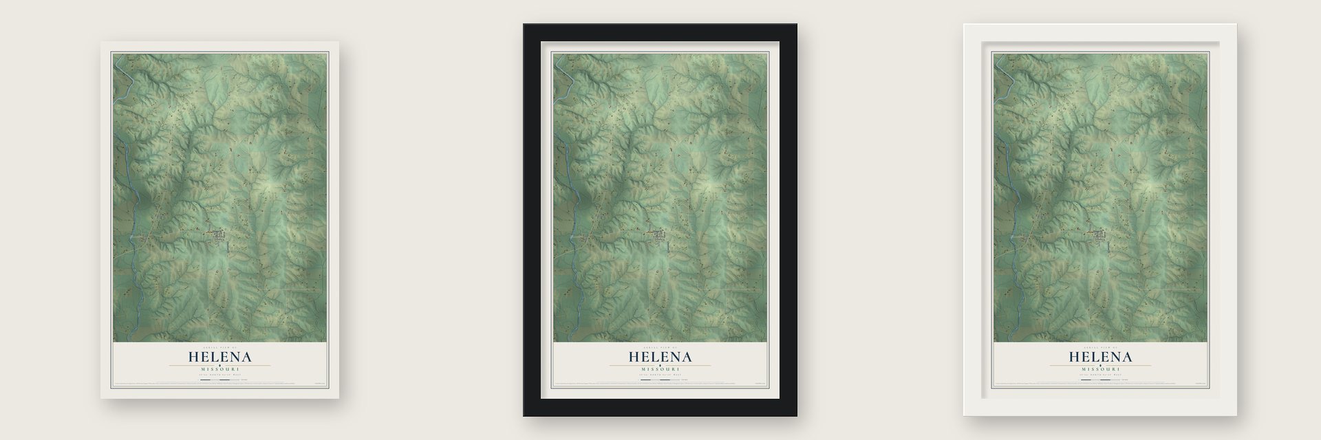 Helena, Missouri map unframed, in a black wood frame and in a white wood frame
