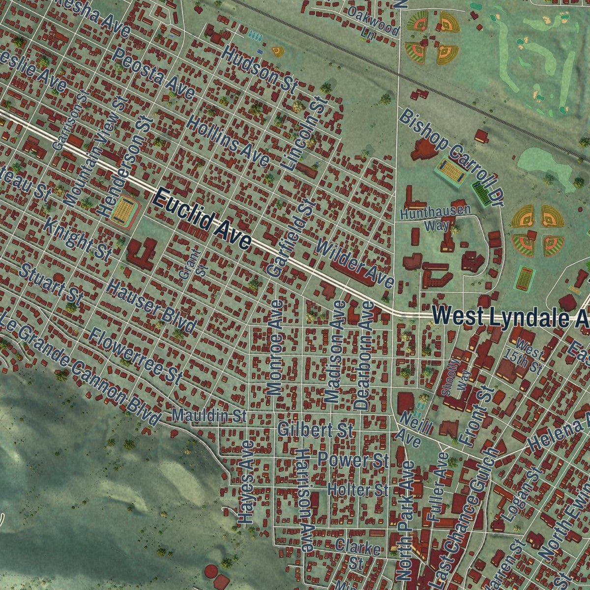 Second close-up of the map of Helena, Montana print showing more streets and buildings