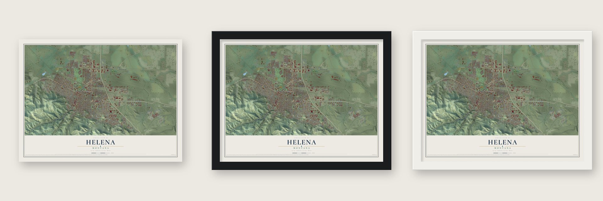Helena, Montana map unframed, in a black wood frame and in a white wood frame