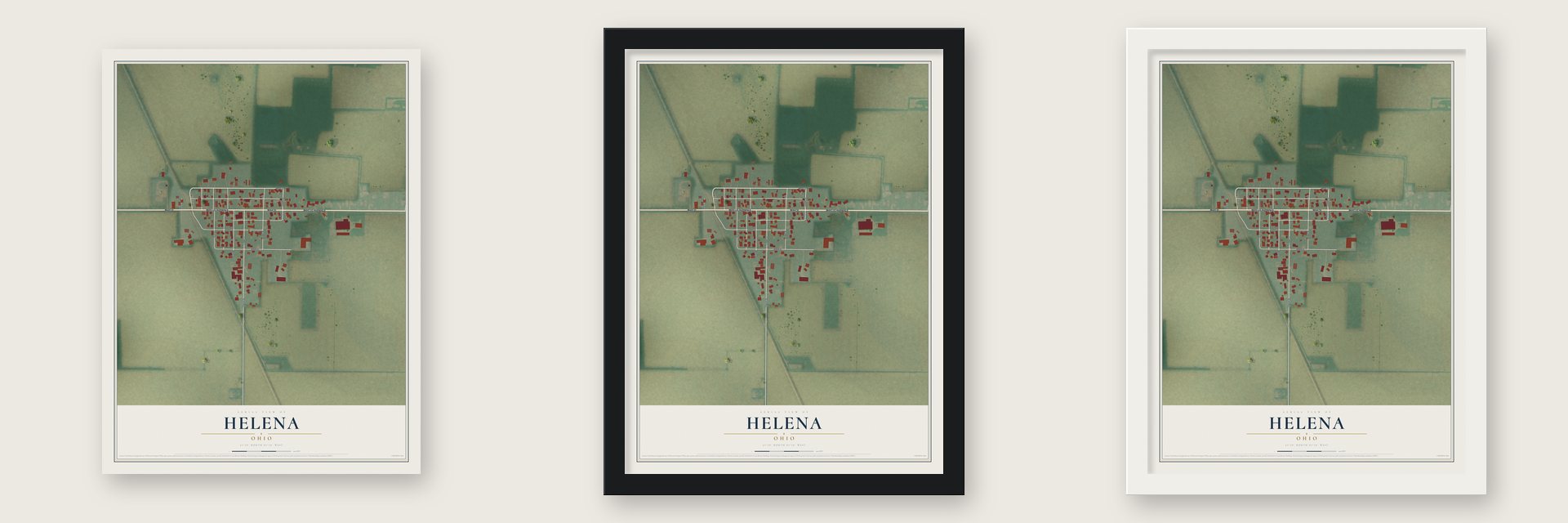 Helena, Ohio map unframed, in a black wood frame and in a white wood frame