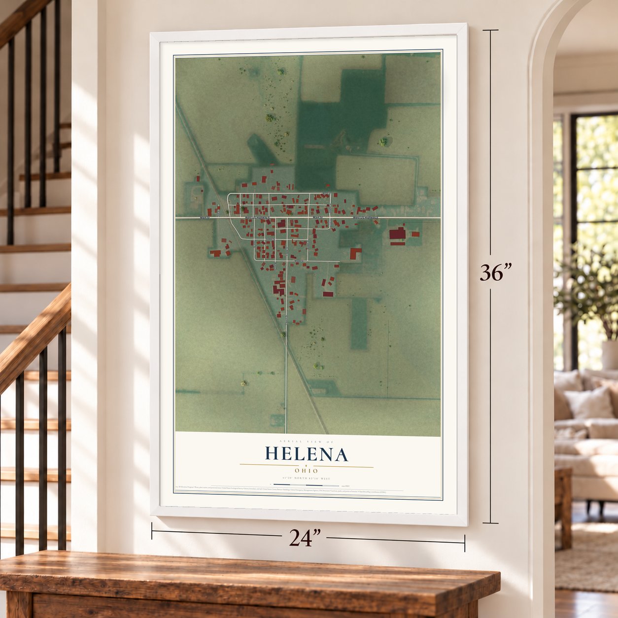 Helena, Ohio map, 24 x 36 inch print in a white frame by a staircase