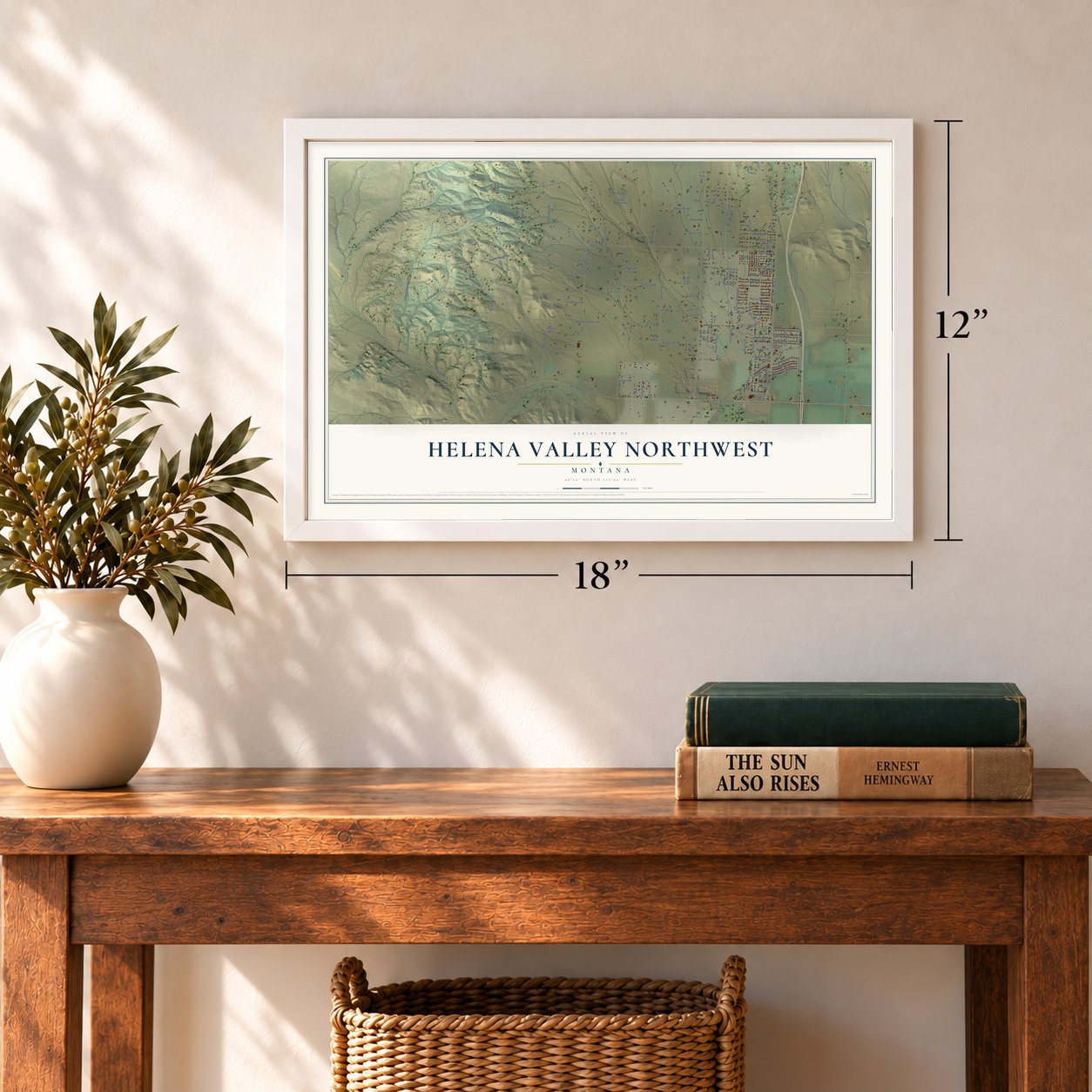 Helena Valley Northwest, Montana map, 12 x 18 inch print in a white frame in an entryway
