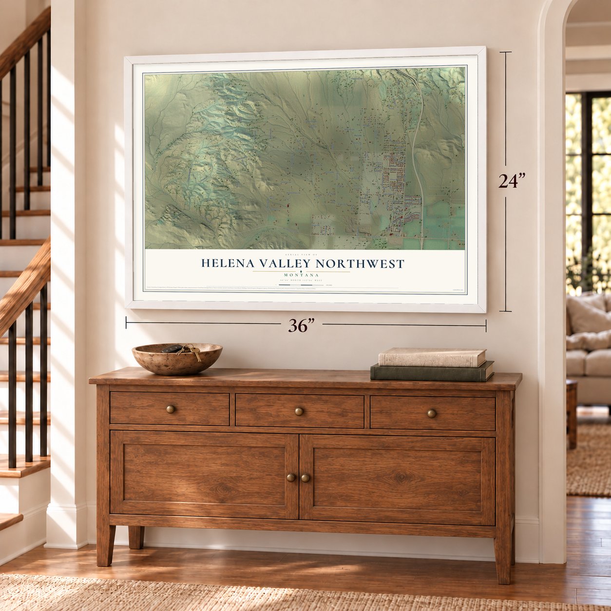 Helena Valley Northwest, Montana map, 24 x 36 inch print in a white frame above a dresser by a staircase