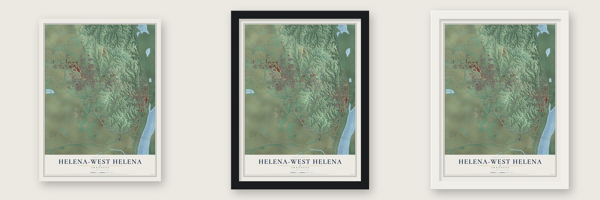 Helena-West Helena, Arkansas map unframed, in a black wood frame and in a white wood frame