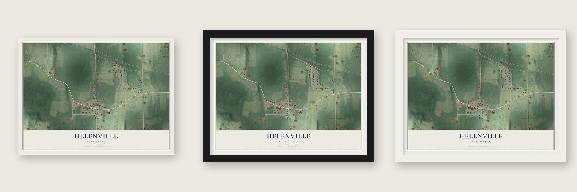 Helenville, Wisconsin map unframed, in a black wood frame and in a white wood frame