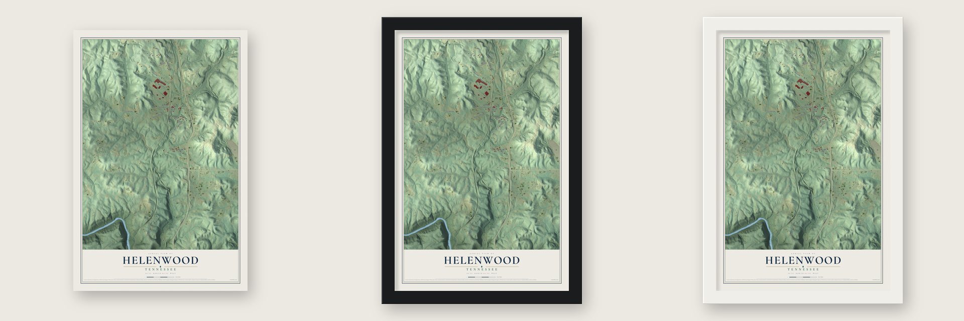 Helenwood, Tennessee map unframed, in a black wood frame and in a white wood frame