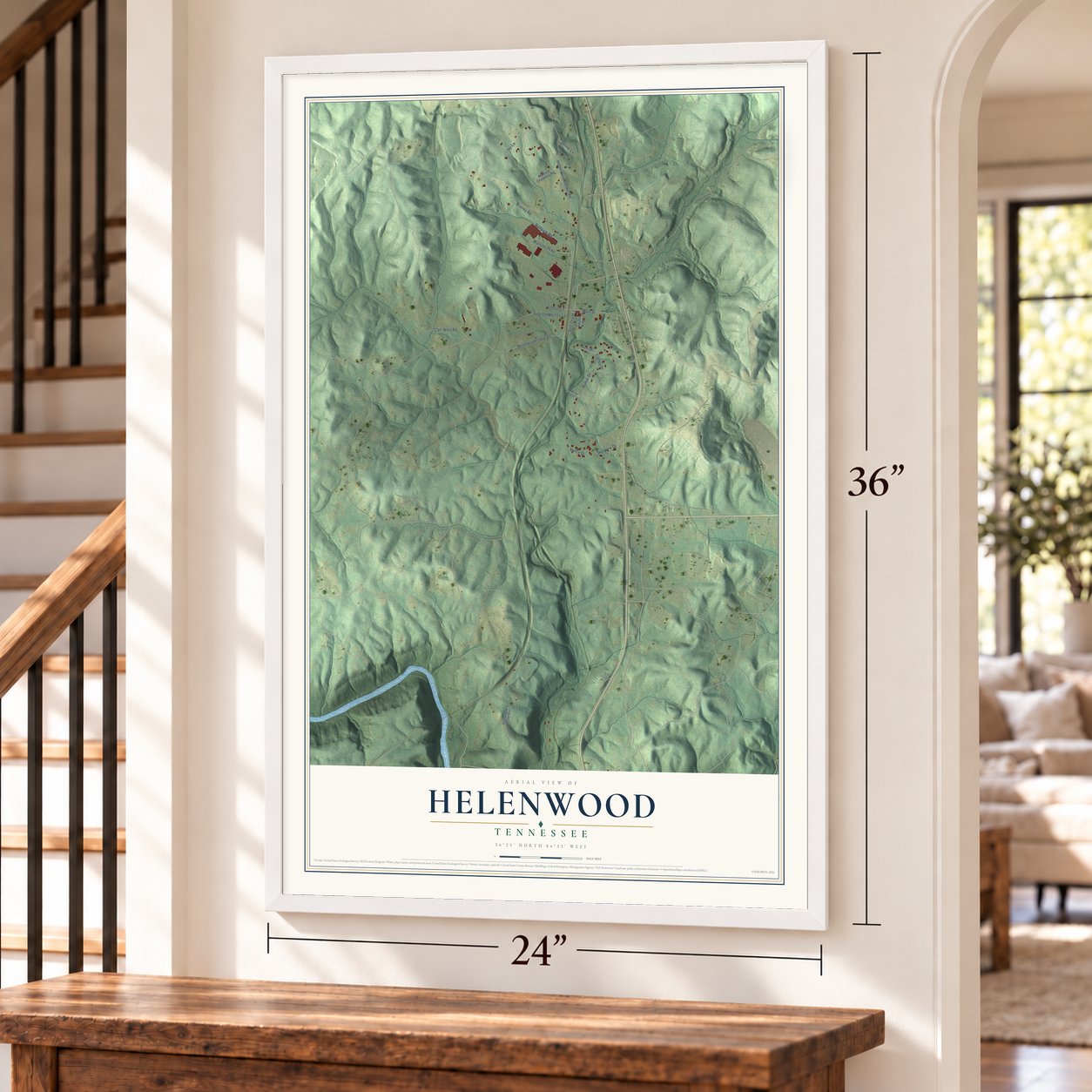 Helenwood, Tennessee map, 24 x 36 inch print in a white frame by a staircase
