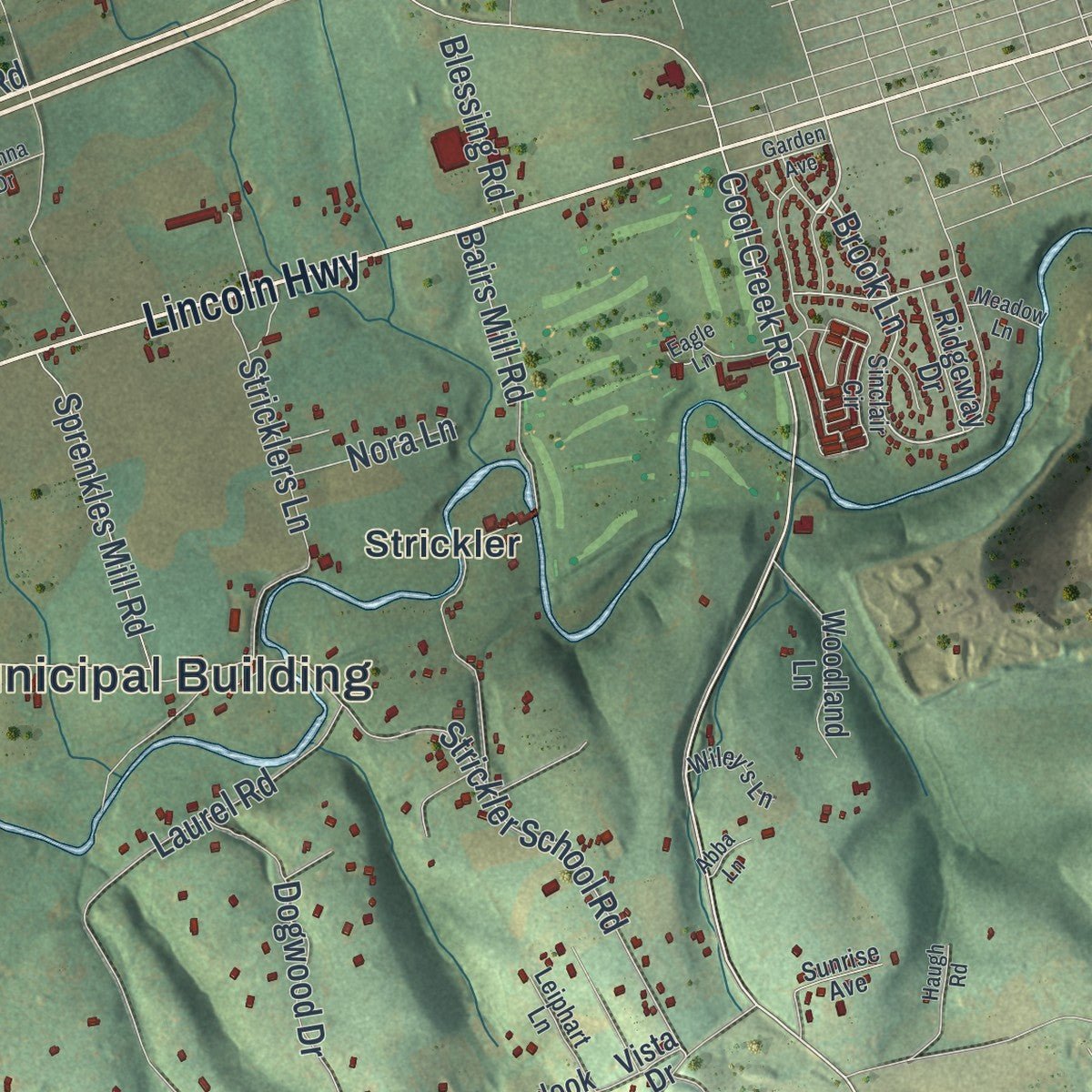 Second close-up of the map of Hellam, Pennsylvania print showing more streets and buildings