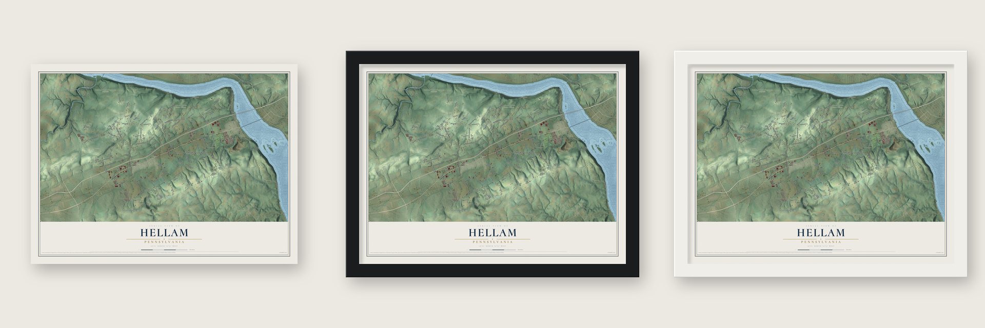 Hellam, Pennsylvania map unframed, in a black wood frame and in a white wood frame