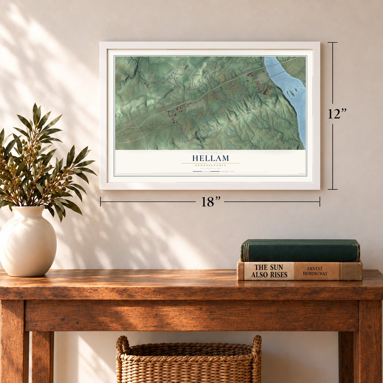 Hellam, Pennsylvania map, 12 x 18 inch print in a white frame in an entryway