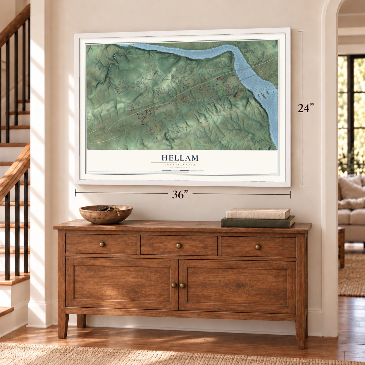 Hellam, Pennsylvania map, 24 x 36 inch print in a white frame above a dresser by a staircase