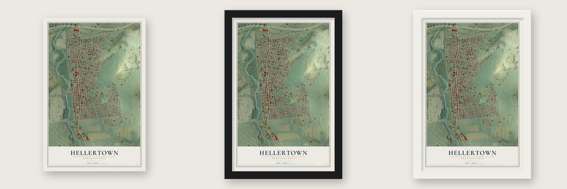 Hellertown, Pennsylvania map unframed, in a black wood frame and in a white wood frame