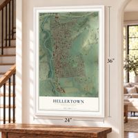 Hellertown, Pennsylvania map, 24 x 36 inch print in a white frame by a staircase