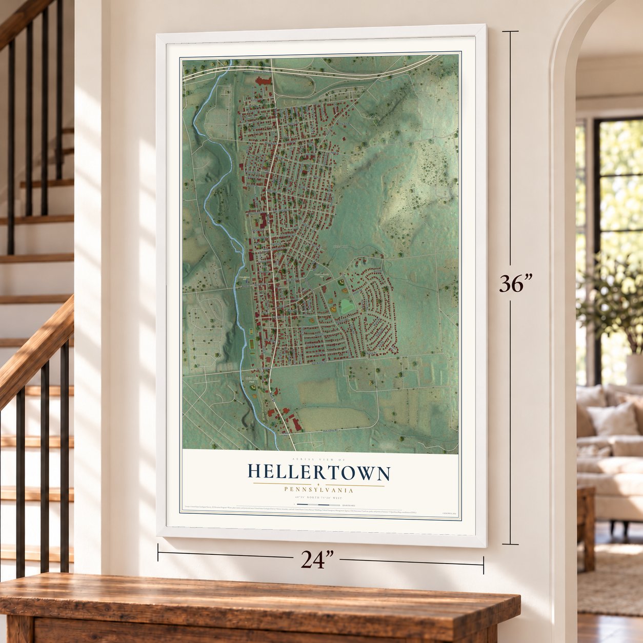 Hellertown, Pennsylvania map, 24 x 36 inch print in a white frame by a staircase