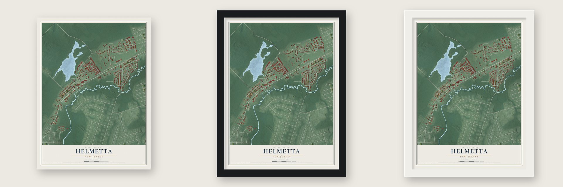 Helmetta, New Jersey map unframed, in a black wood frame and in a white wood frame
