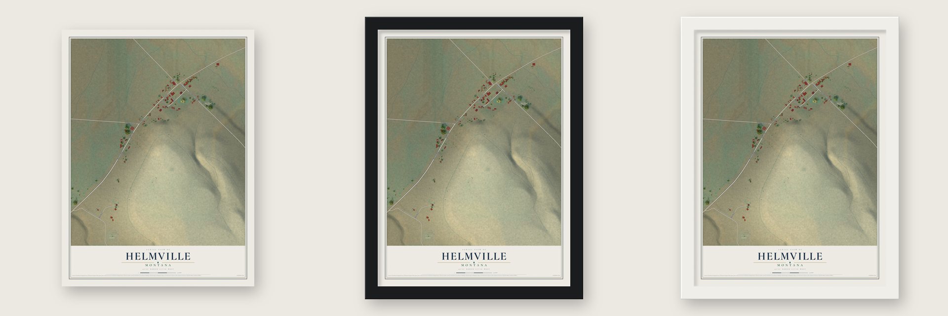 Helmville, Montana map unframed, in a black wood frame and in a white wood frame