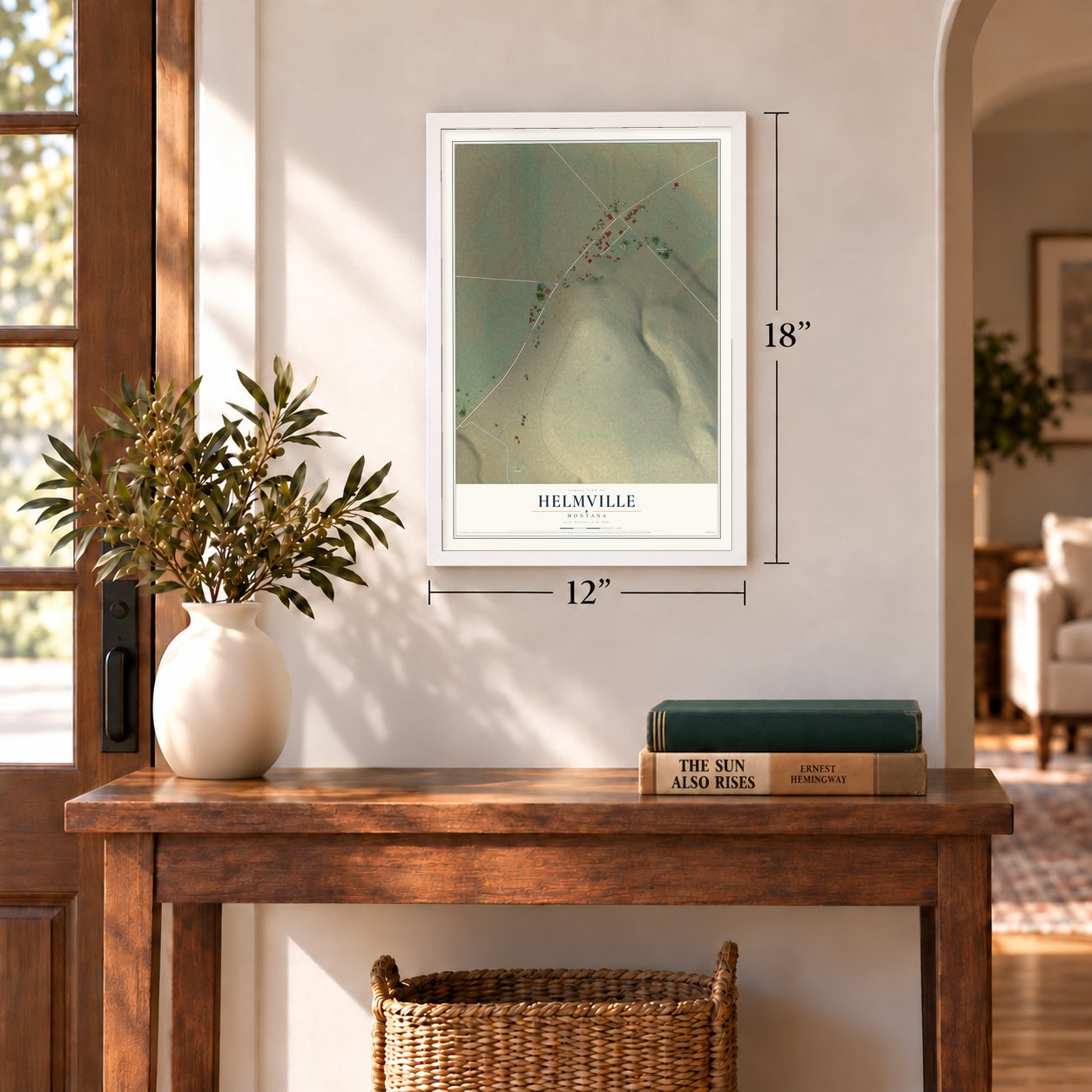 Helmville, Montana map, 12 x 18 inch print in a white frame in an entryway