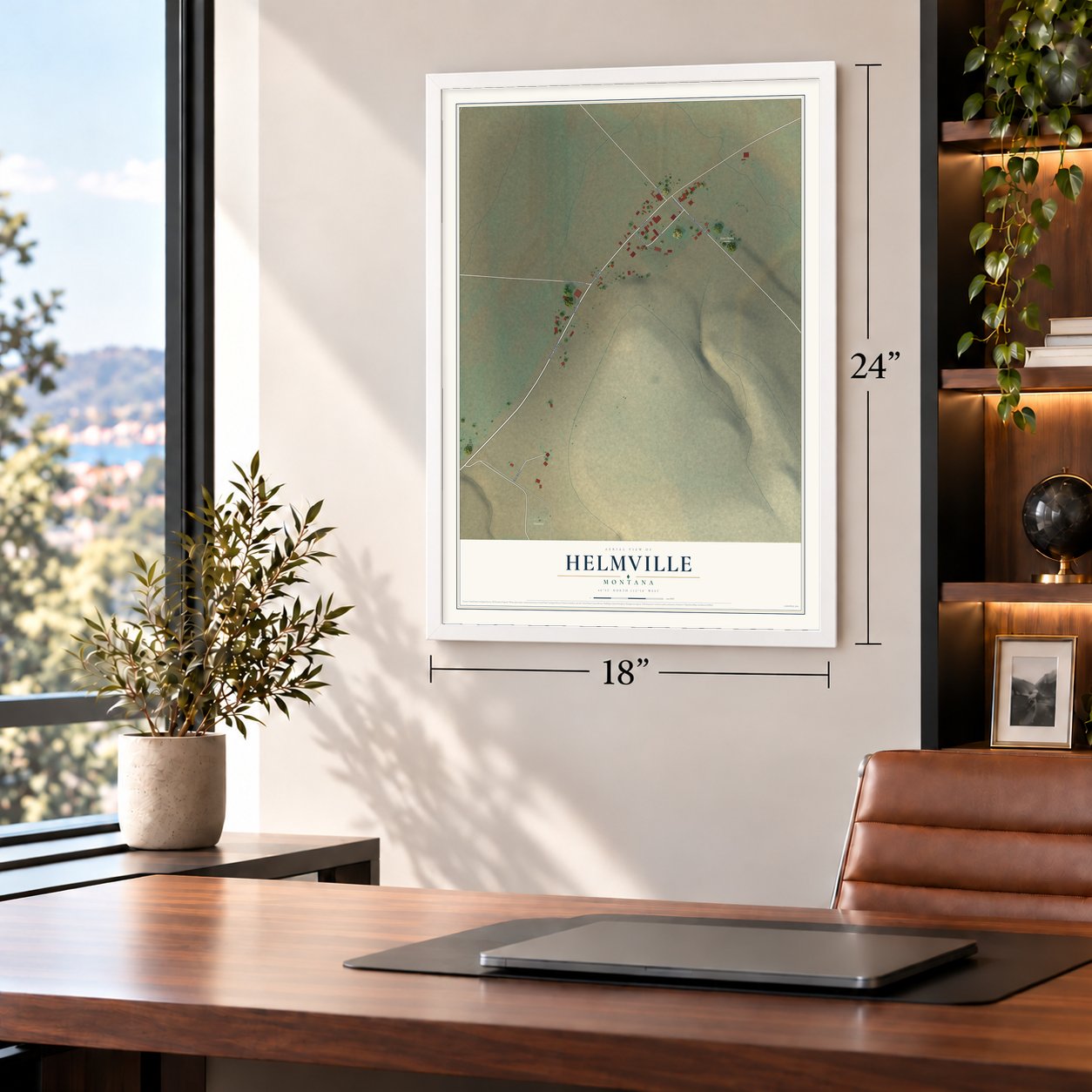 Helmville, Montana map, 18 x 24 inch print in a white frame in a home office