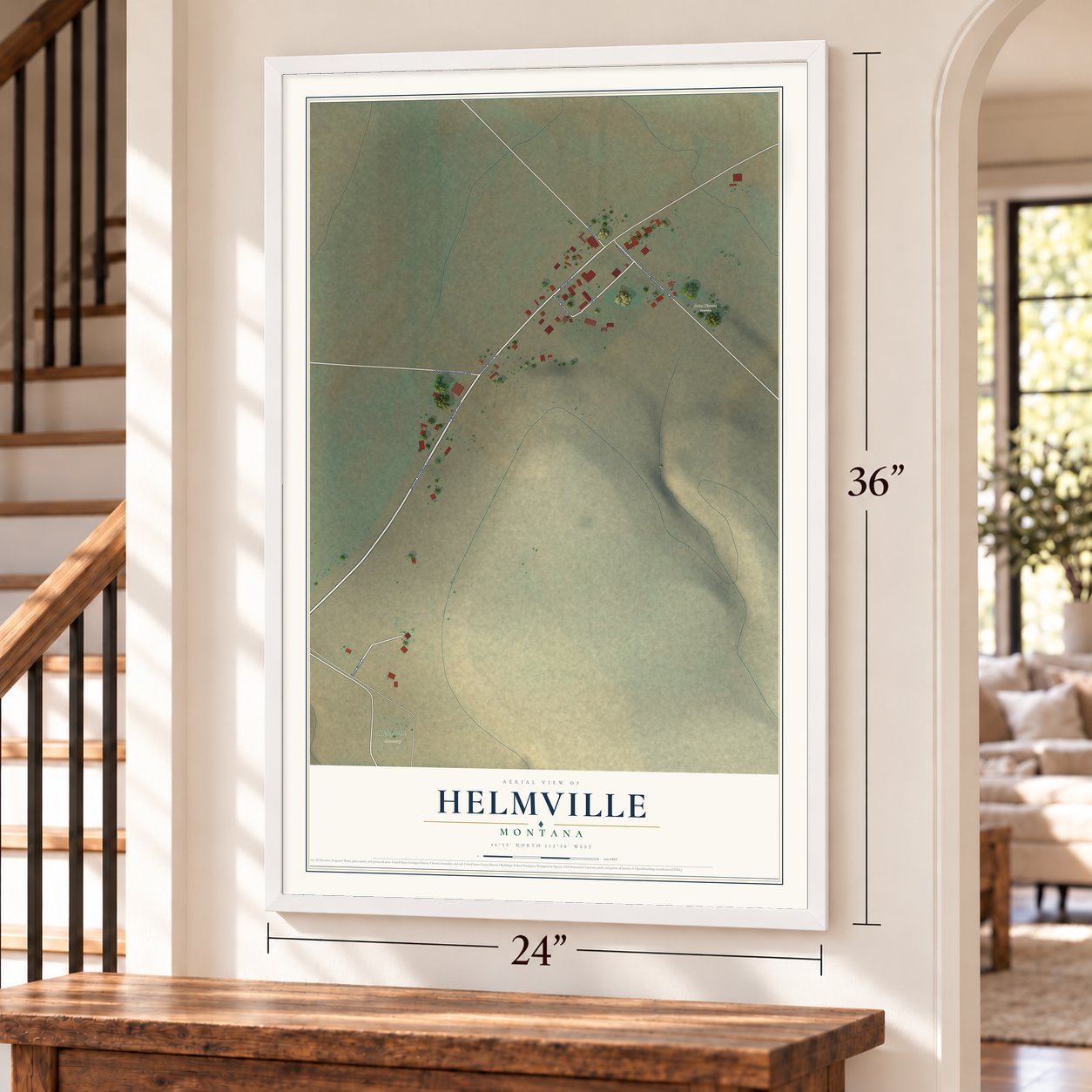 Helmville, Montana map, 24 x 36 inch print in a white frame by a staircase