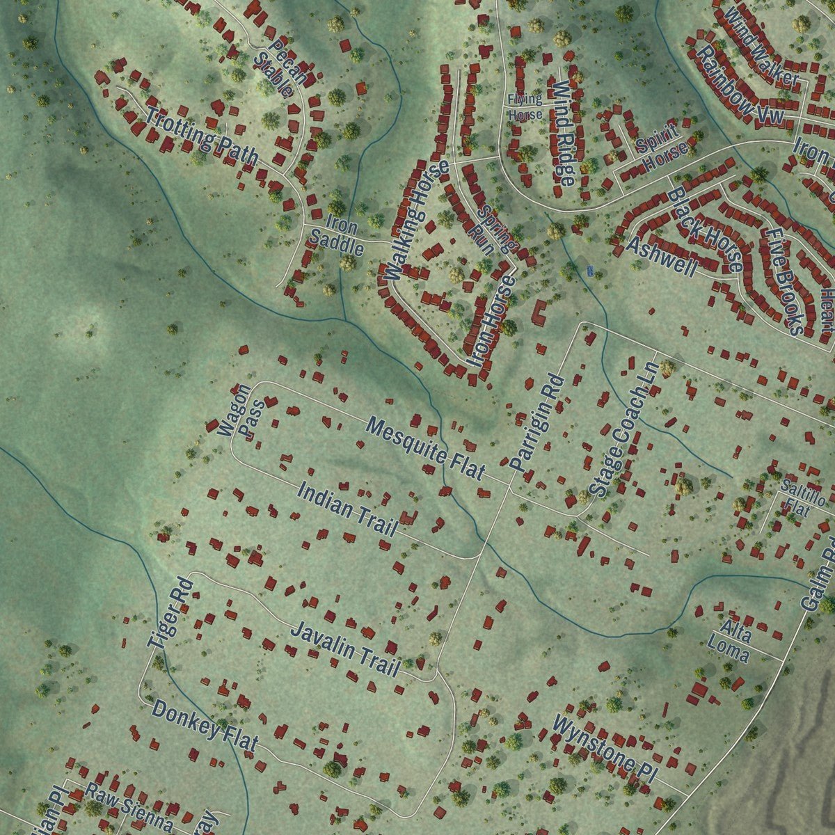 Second close-up of the map of Helotes, Texas print showing more streets and buildings
