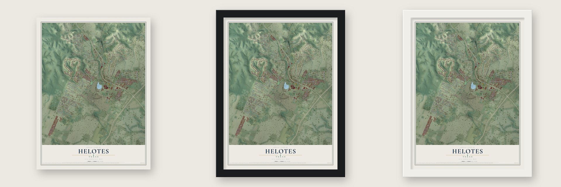 Helotes, Texas map unframed, in a black wood frame and in a white wood frame