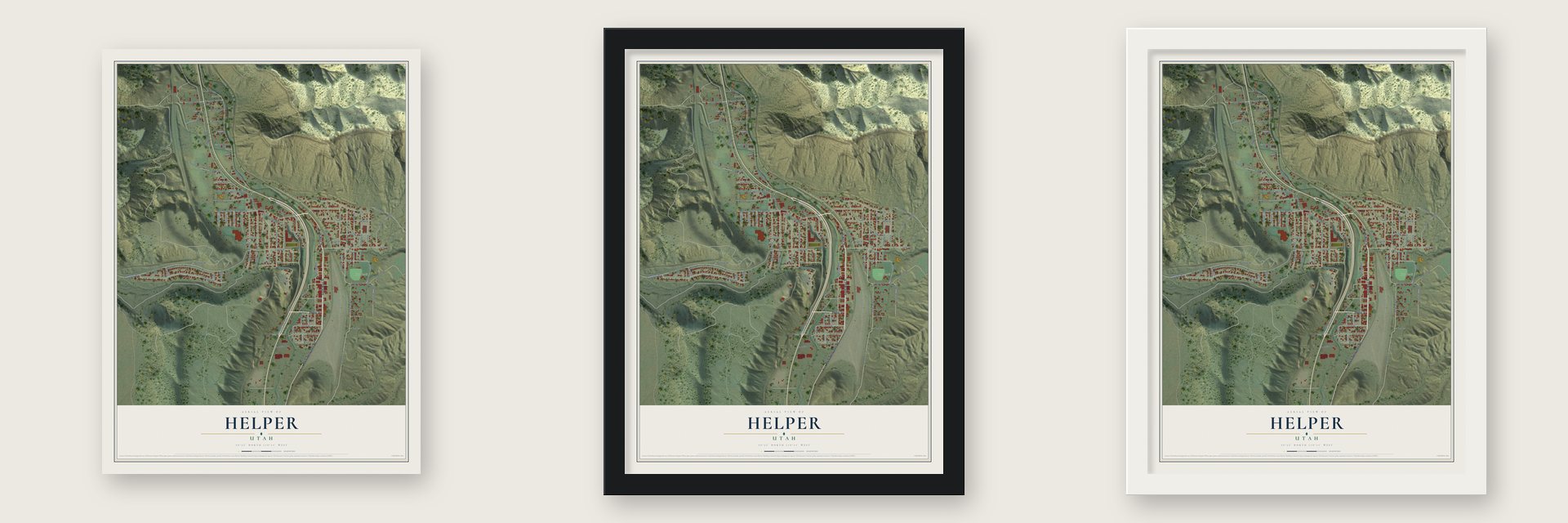 Helper, Utah map unframed, in a black wood frame and in a white wood frame
