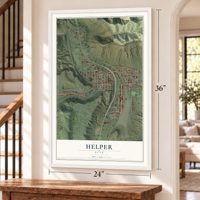 Helper, Utah map, 24 x 36 inch print in a white frame by a staircase