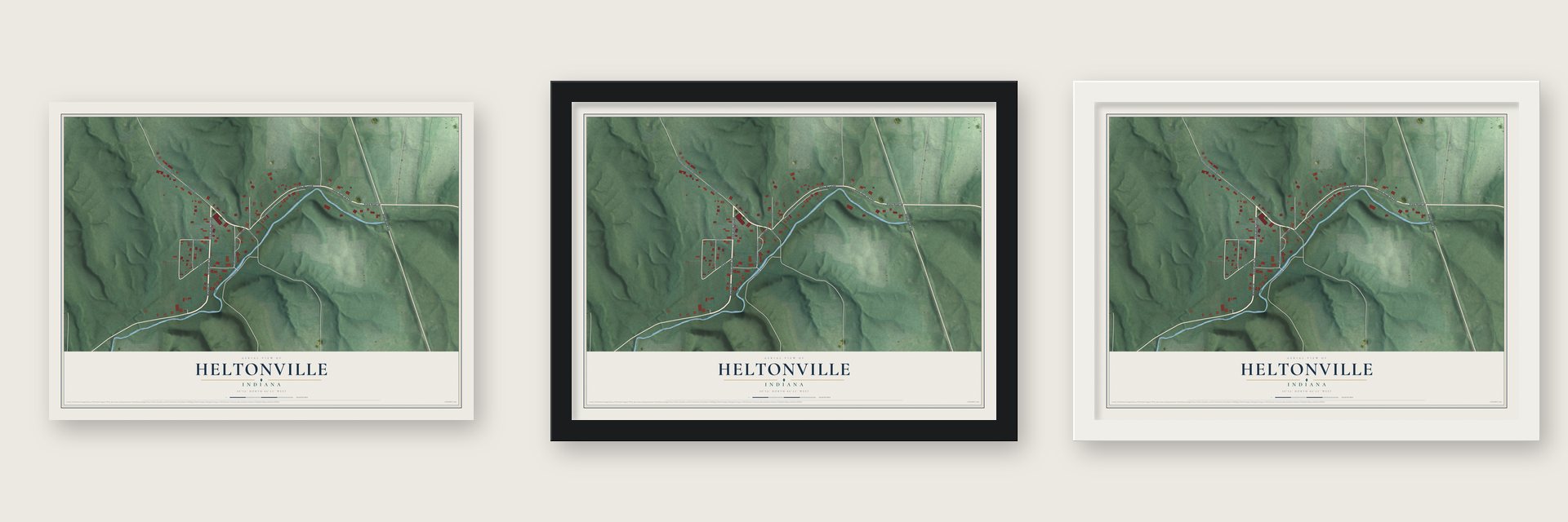 Heltonville, Indiana map unframed, in a black wood frame and in a white wood frame