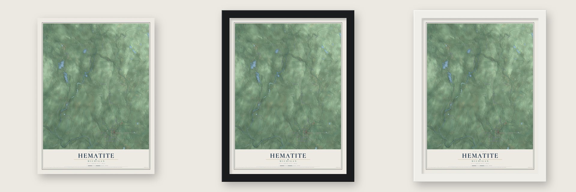 Hematite, Michigan map unframed, in a black wood frame and in a white wood frame
