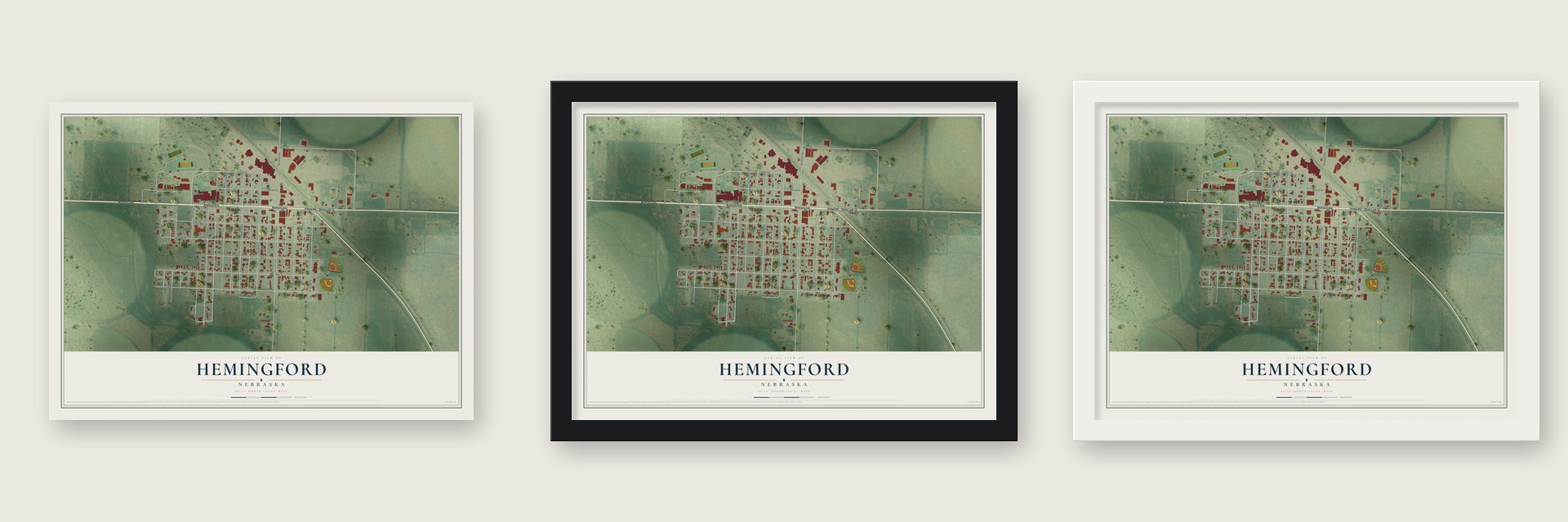 Hemingford, Nebraska map unframed, in a black wood frame and in a white wood frame