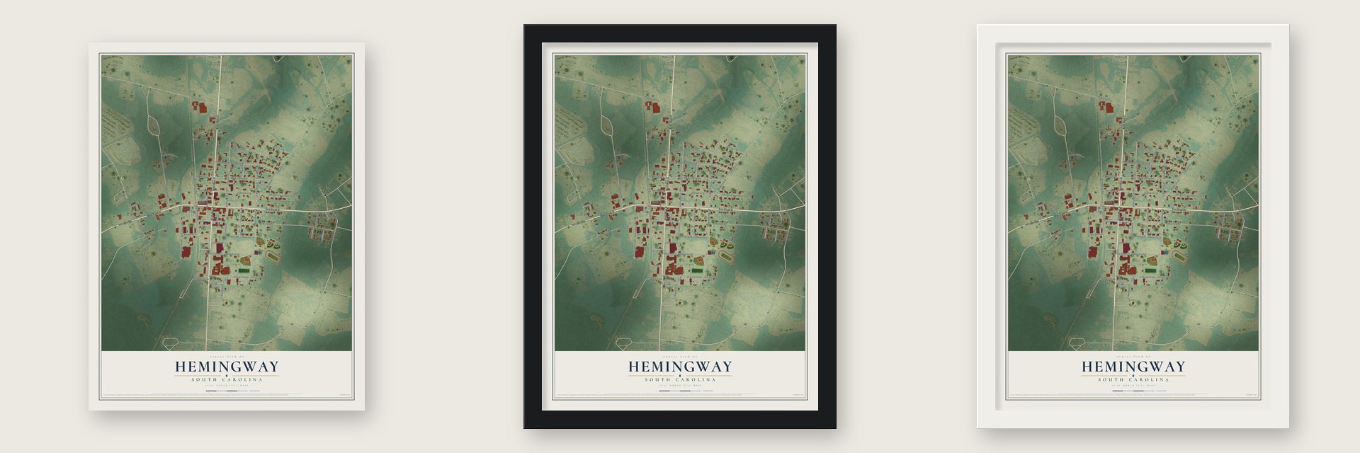 Hemingway, South Carolina map unframed, in a black wood frame and in a white wood frame