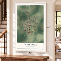 Hemingway, South Carolina map, 24 x 36 inch print in a white frame by a staircase