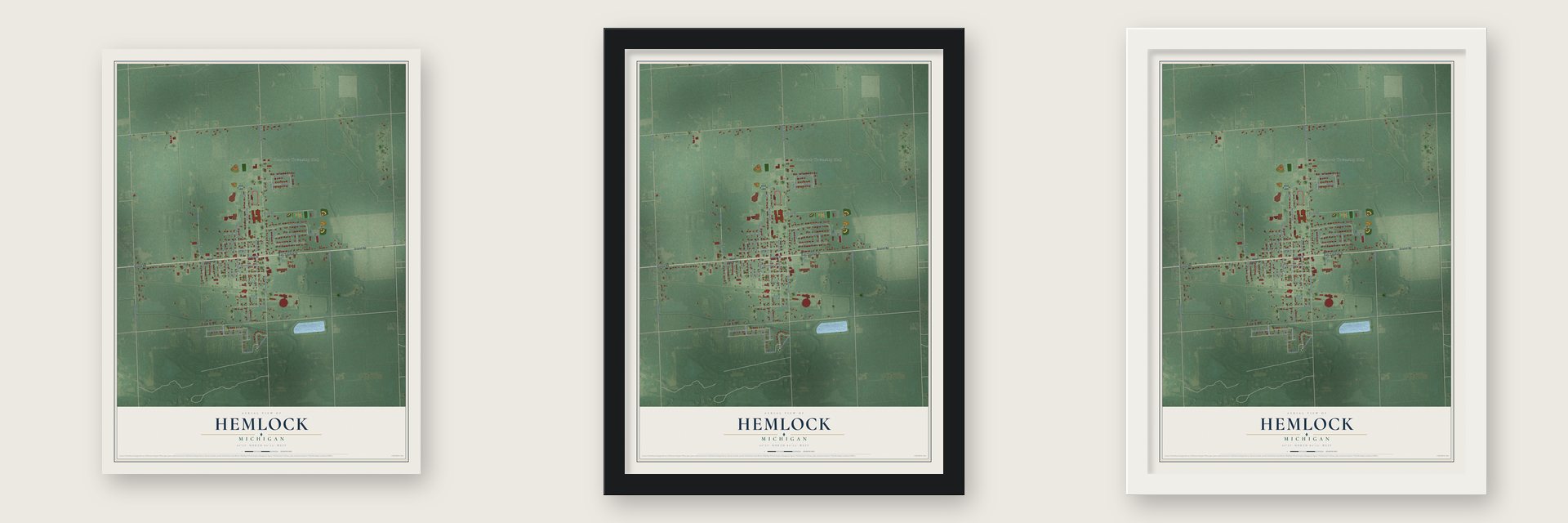 Hemlock, Michigan map unframed, in a black wood frame and in a white wood frame