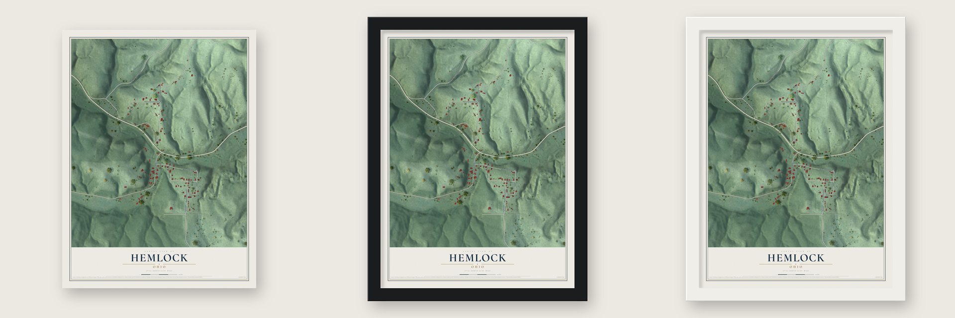 Hemlock, Ohio map unframed, in a black wood frame and in a white wood frame