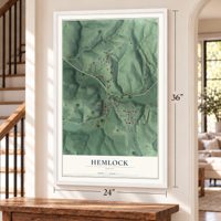 Hemlock, Ohio map, 24 x 36 inch print in a white frame by a staircase