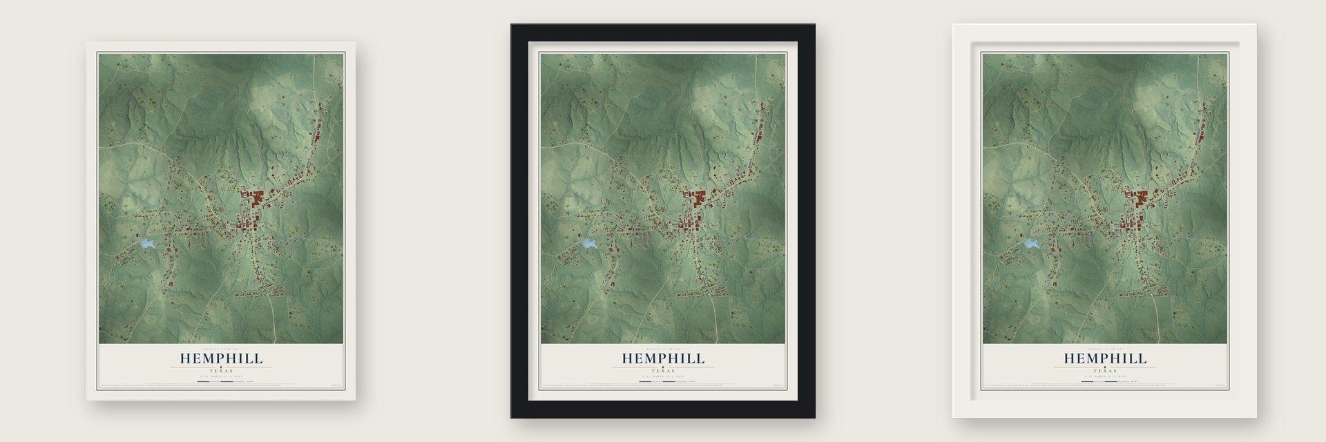 Hemphill, Texas map unframed, in a black wood frame and in a white wood frame