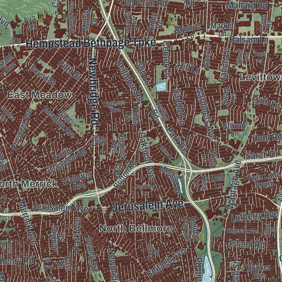 Second close-up of the map of the Town of Hempstead, New York print showing more streets and buildings