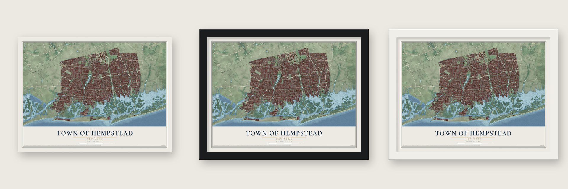 Town of Hempstead, New York map unframed, in a black wood frame and in a white wood frame