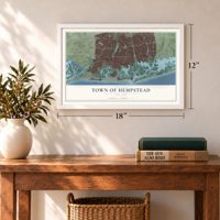 Town of Hempstead, New York map, 12 x 18 inch print in a white frame in an entryway