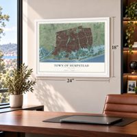 Town of Hempstead, New York map, 18 x 24 inch print in a white frame in a home office